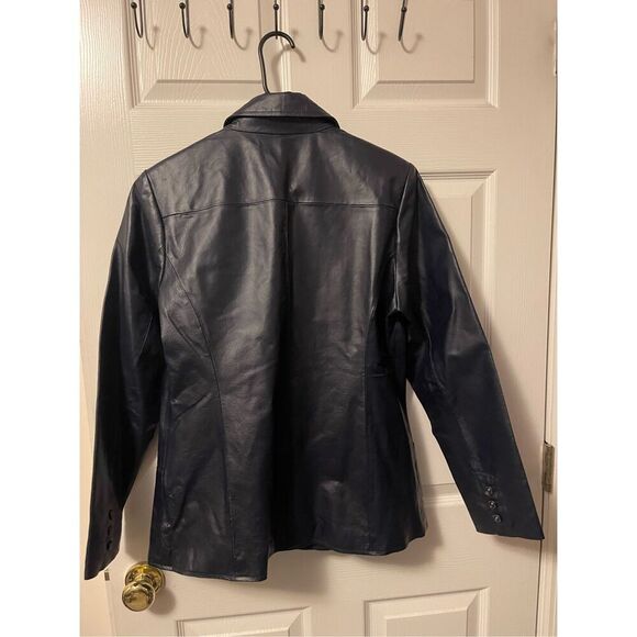 Denim & Co‎ Women's Navy Leather Jacket Medium Button Front Casual - Picture 2 of 7